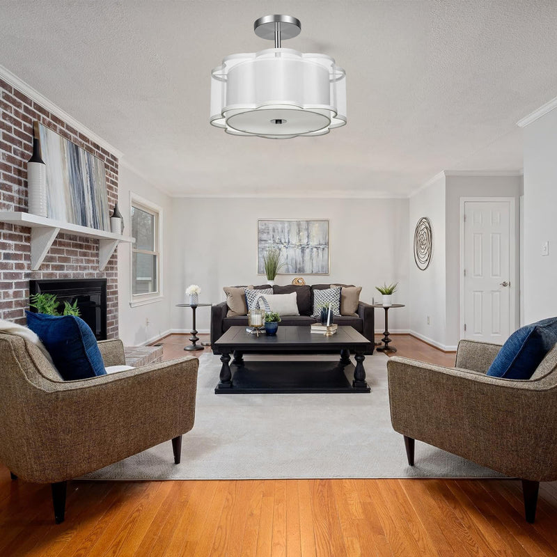 Modern Transitional Flower Iron Fabric 1-Light Semi-Flush Mount Ceiling Light For Living Room