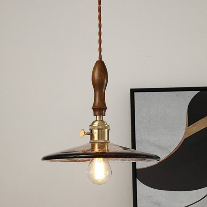 Lámpara colgante de 1 luz de madera y vidrio de cúpula japonesa tradicional para sala de estar 