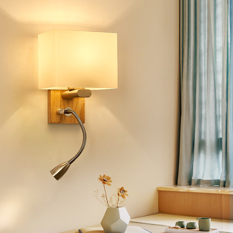 Contemporary Scandinavian Rectangular Wood Iron Fabric 1-Light Wall Sconce Lamp For Living Room