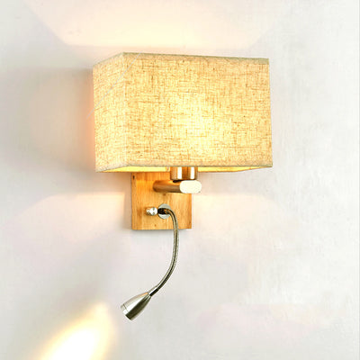 Contemporary Scandinavian Rectangular Wood Iron Fabric 1-Light Wall Sconce Lamp For Living Room