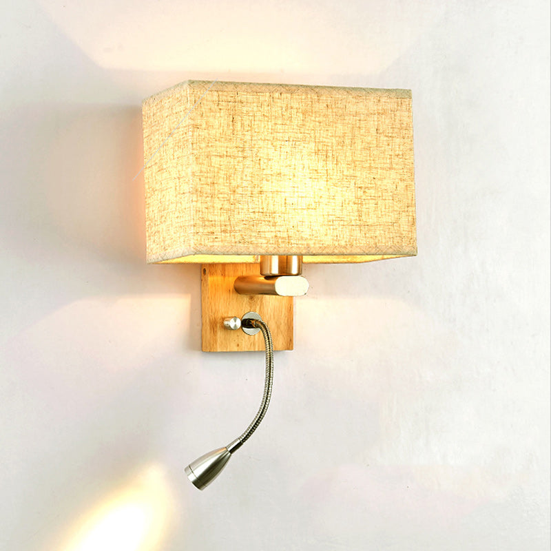 Contemporary Scandinavian Rectangular Wood Iron Fabric 1-Light Wall Sconce Lamp For Living Room