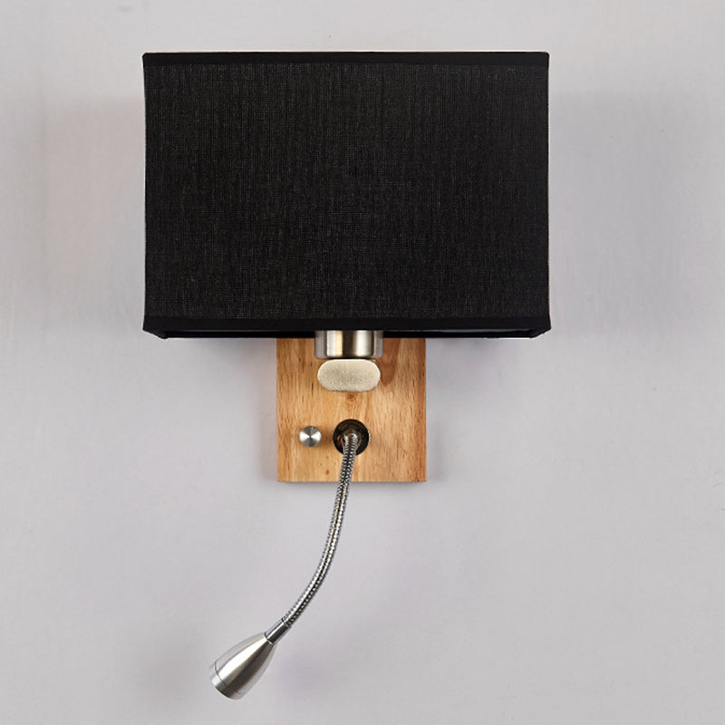 Contemporary Scandinavian Rectangular Wood Iron Fabric 1-Light Wall Sconce Lamp For Living Room