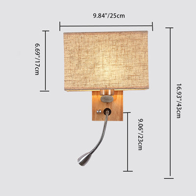 Contemporary Scandinavian Rectangular Wood Iron Fabric 1-Light Wall Sconce Lamp For Living Room