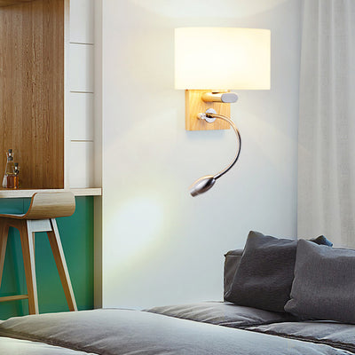 Contemporary Scandinavian Rectangular Wood Iron Fabric 1-Light Wall Sconce Lamp For Living Room