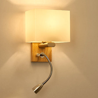 Contemporary Scandinavian Rectangular Wood Iron Fabric 1-Light Wall Sconce Lamp For Living Room