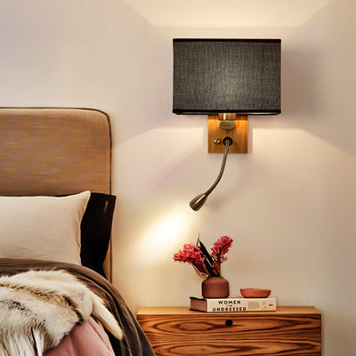 Contemporary Scandinavian Rectangular Wood Iron Fabric 1-Light Wall Sconce Lamp For Living Room