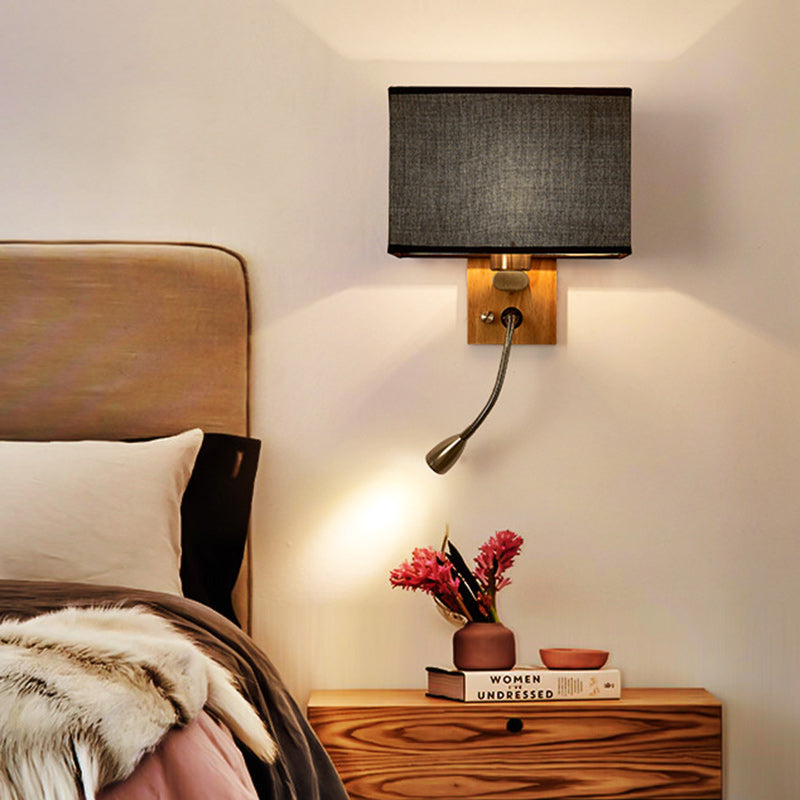 Contemporary Scandinavian Rectangular Wood Iron Fabric 1-Light Wall Sconce Lamp For Living Room
