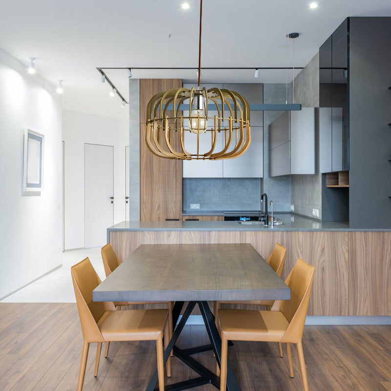 Suspension Luminaire Rond en Bois Traditionnel Japonais à 1 Lumière pour Salon 