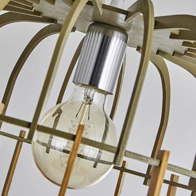 Suspension Luminaire Rond en Bois Traditionnel Japonais à 1 Lumière pour Salon 
