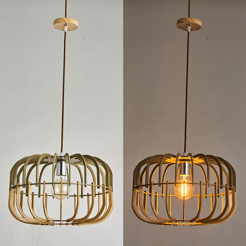 Suspension Luminaire Rond en Bois Traditionnel Japonais à 1 Lumière pour Salon 