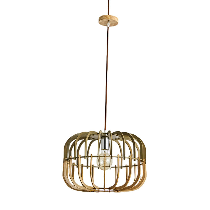 Suspension Luminaire Rond en Bois Traditionnel Japonais à 1 Lumière pour Salon 