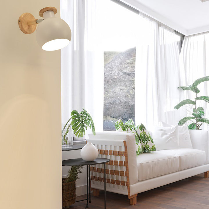 Zeitgenössische kreative runde Holz-Eisen-Wandleuchte mit 1 Licht für das Wohnzimmer 