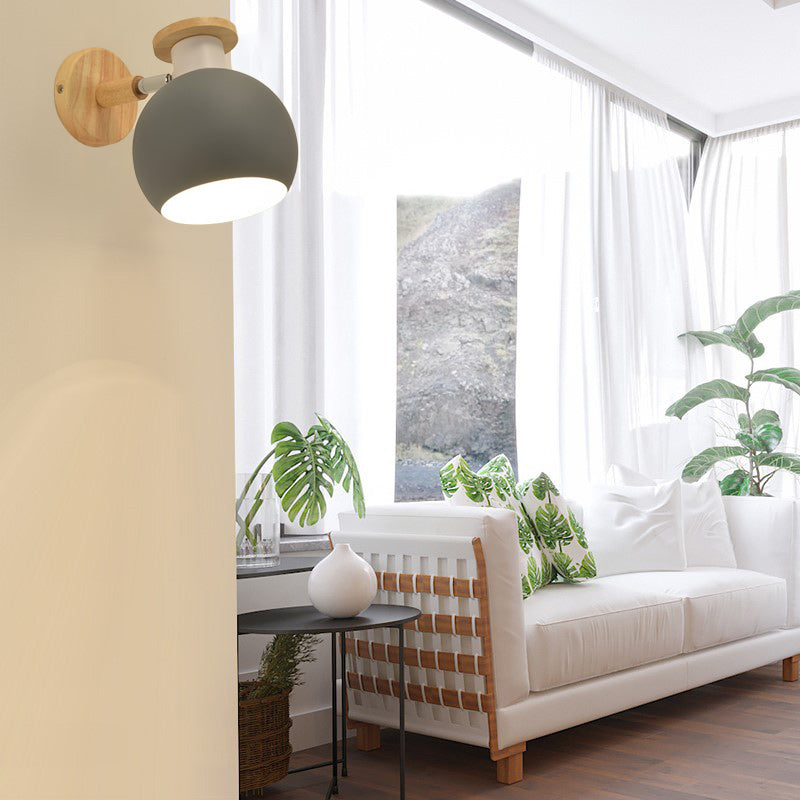 Zeitgenössische kreative runde Holz-Eisen-Wandleuchte mit 1 Licht für das Wohnzimmer 