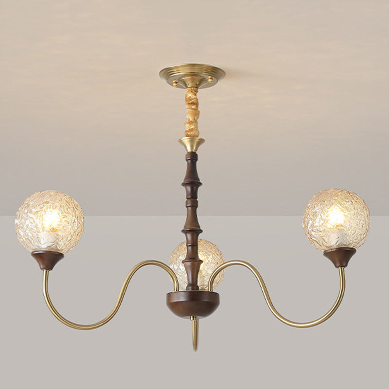 Globe de luxe contemporain en cuivre, bois, verre, lustre 3/6 lumières pour salon 