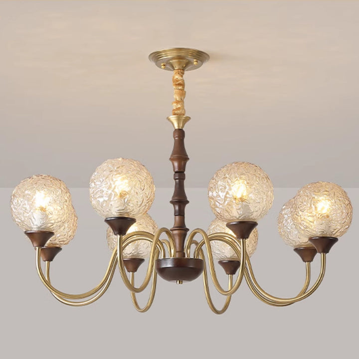 Globe de luxe contemporain en cuivre, bois, verre, lustre 3/6 lumières pour salon 
