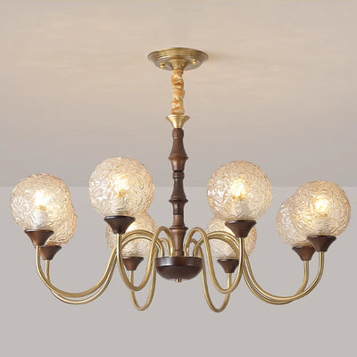 Globe de luxe contemporain en cuivre, bois, verre, lustre 3/6 lumières pour salon 