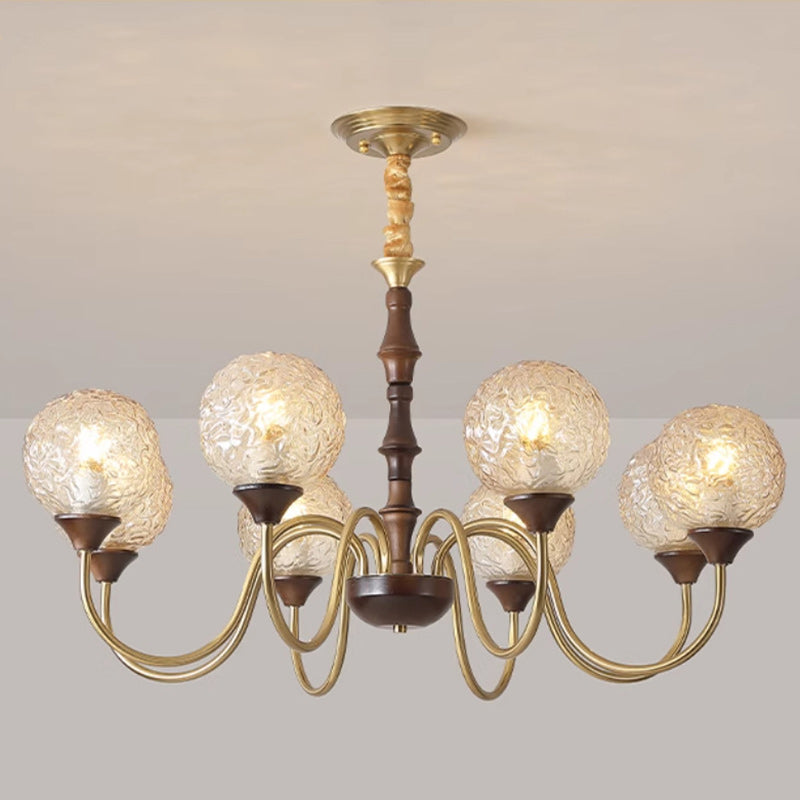 Globe de luxe contemporain en cuivre, bois, verre, lustre 3/6 lumières pour salon 
