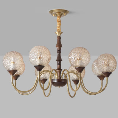 Globe de luxe contemporain en cuivre, bois, verre, lustre 3/6 lumières pour salon 