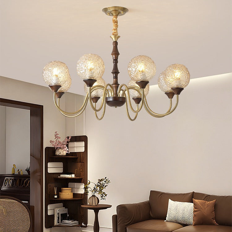 Globe de luxe contemporain en cuivre, bois, verre, lustre 3/6 lumières pour salon 