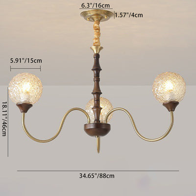 Globe de luxe contemporain en cuivre, bois, verre, lustre 3/6 lumières pour salon 