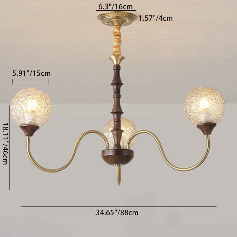 Globe de luxe contemporain en cuivre, bois, verre, lustre 3/6 lumières pour salon 
