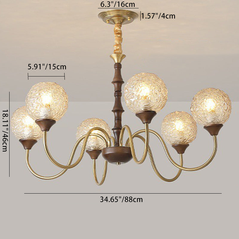 Globe de luxe contemporain en cuivre, bois, verre, lustre 3/6 lumières pour salon 