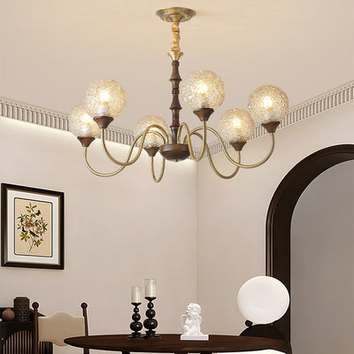 Globe de luxe contemporain en cuivre, bois, verre, lustre 3/6 lumières pour salon 