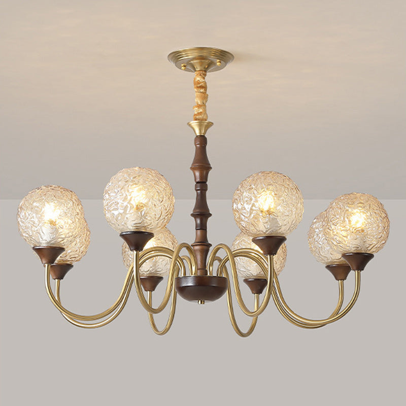 Globe de luxe contemporain en cuivre, bois, verre, lustre 3/6 lumières pour salon 