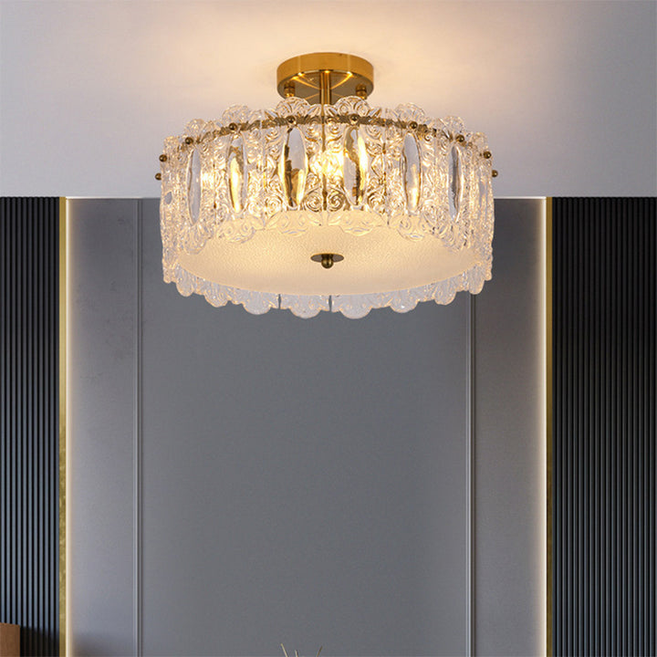 Traditional French Round Iron Glass 5/6/8-Light Semi-Flush Mount Ceiling Light For Living Room