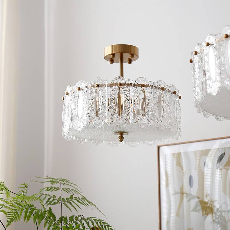 Traditional French Round Iron Glass 5/6/8-Light Semi-Flush Mount Ceiling Light For Living Room