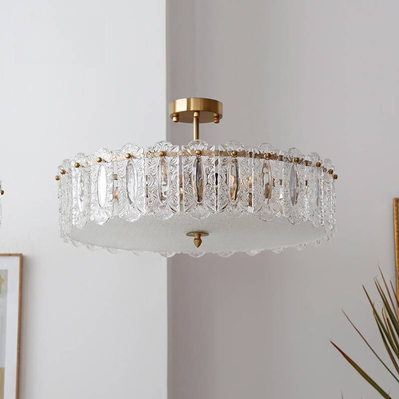 Traditional French Round Iron Glass 5/6/8-Light Semi-Flush Mount Ceiling Light For Living Room