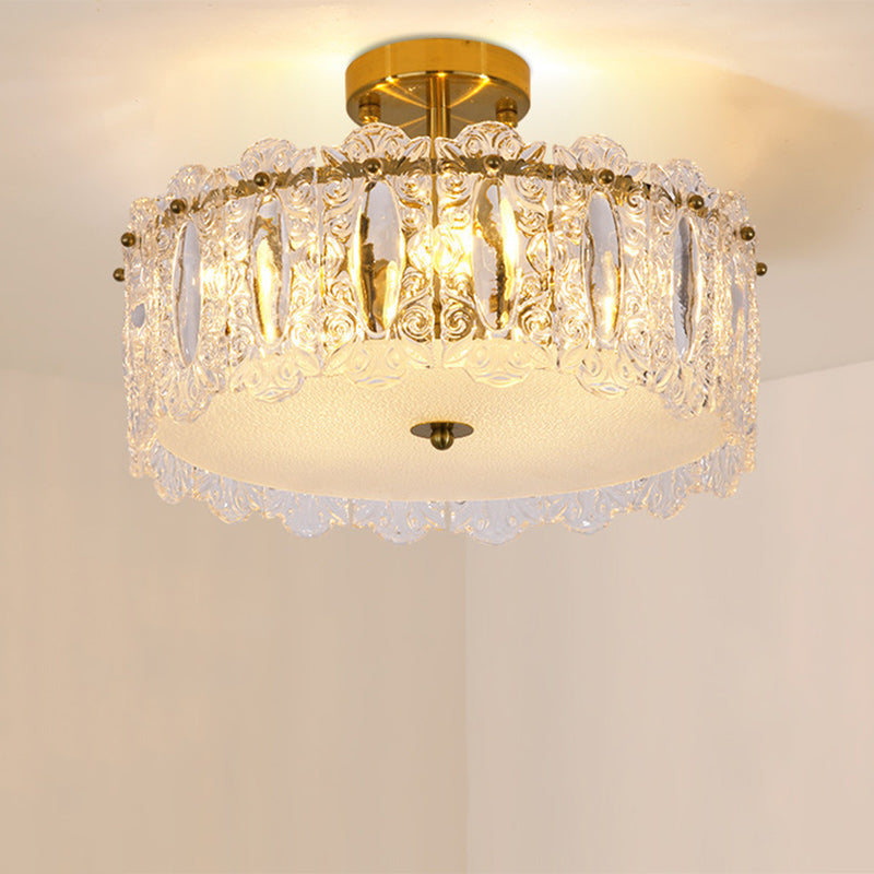 Traditional French Round Iron Glass 5/6/8-Light Semi-Flush Mount Ceiling Light For Living Room