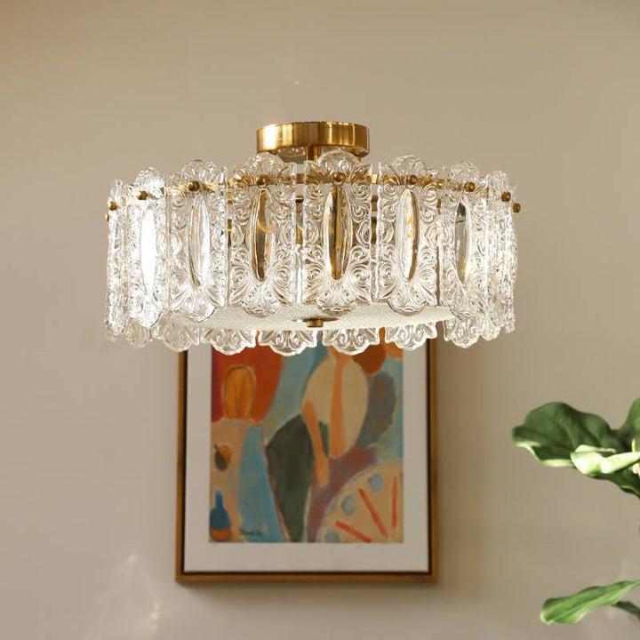 Traditional French Round Iron Glass 5/6/8-Light Semi-Flush Mount Ceiling Light For Living Room