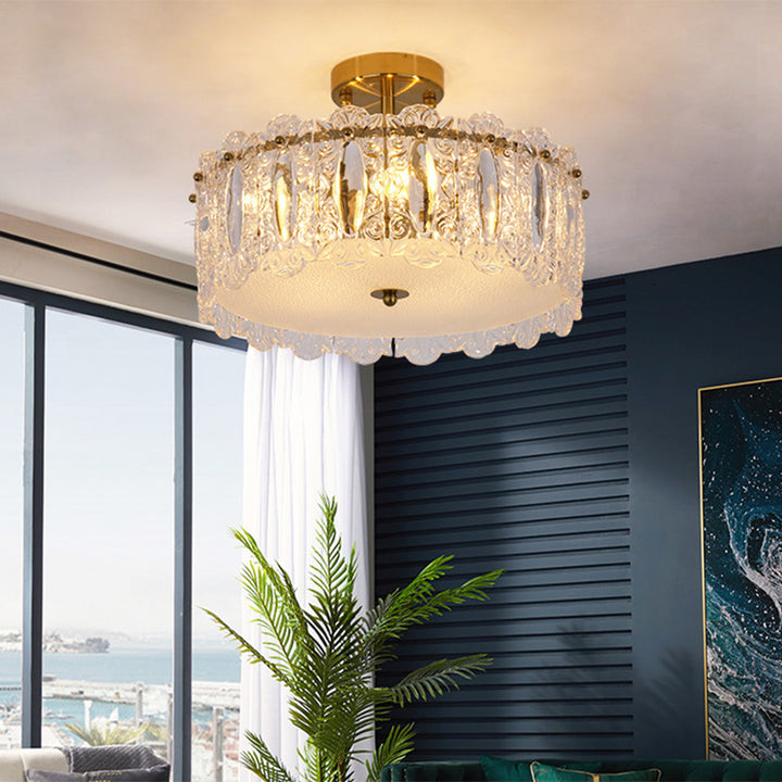 Traditional French Round Iron Glass 5/6/8-Light Semi-Flush Mount Ceiling Light For Living Room