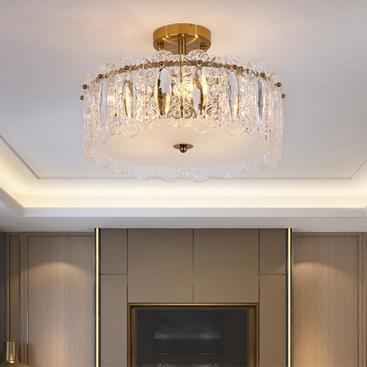 Traditional French Round Iron Glass 5/6/8-Light Semi-Flush Mount Ceiling Light For Living Room