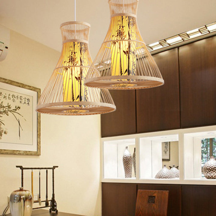 Lampe suspendue à 1 lumière en papier de bambou cylindrique chinois traditionnel pour salon 