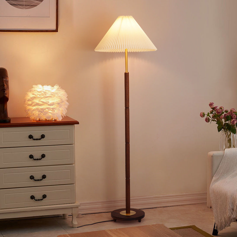 Contemporary Nordic Column Copper Wood Fabric 1-Light Standing Floor Lamp For Living Room