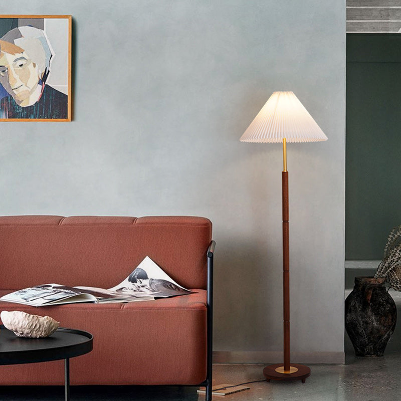 Contemporary Nordic Column Copper Wood Fabric 1-Light Standing Floor Lamp For Living Room