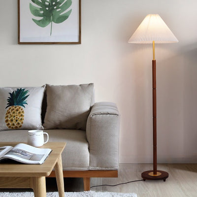 Contemporary Nordic Column Copper Wood Fabric 1-Light Standing Floor Lamp For Living Room