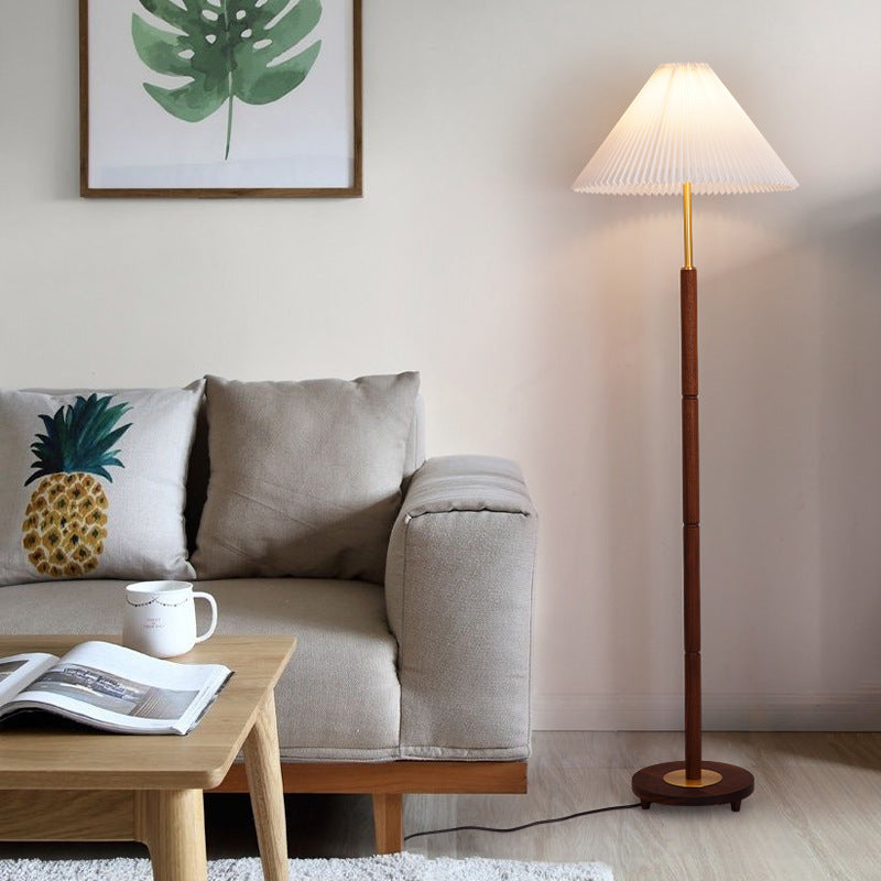 Contemporary Nordic Column Copper Wood Fabric 1-Light Standing Floor Lamp For Living Room