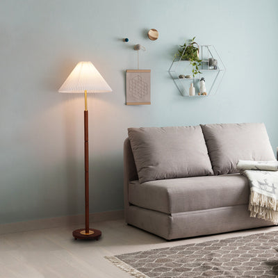 Contemporary Nordic Column Copper Wood Fabric 1-Light Standing Floor Lamp For Living Room