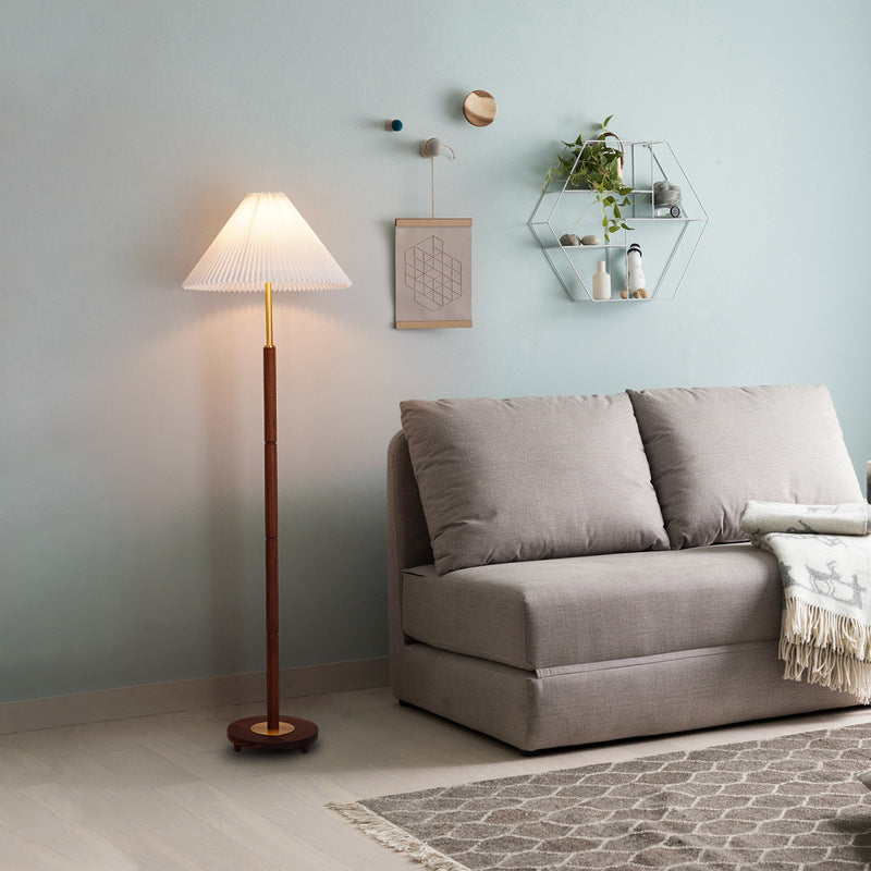Contemporary Nordic Column Copper Wood Fabric 1-Light Standing Floor Lamp For Living Room