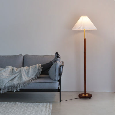 Contemporary Nordic Column Copper Wood Fabric 1-Light Standing Floor Lamp For Living Room
