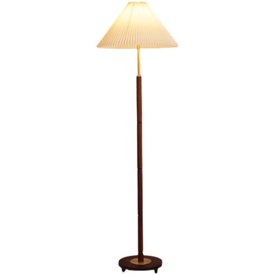 Contemporary Nordic Column Copper Wood Fabric 1-Light Standing Floor Lamp For Living Room