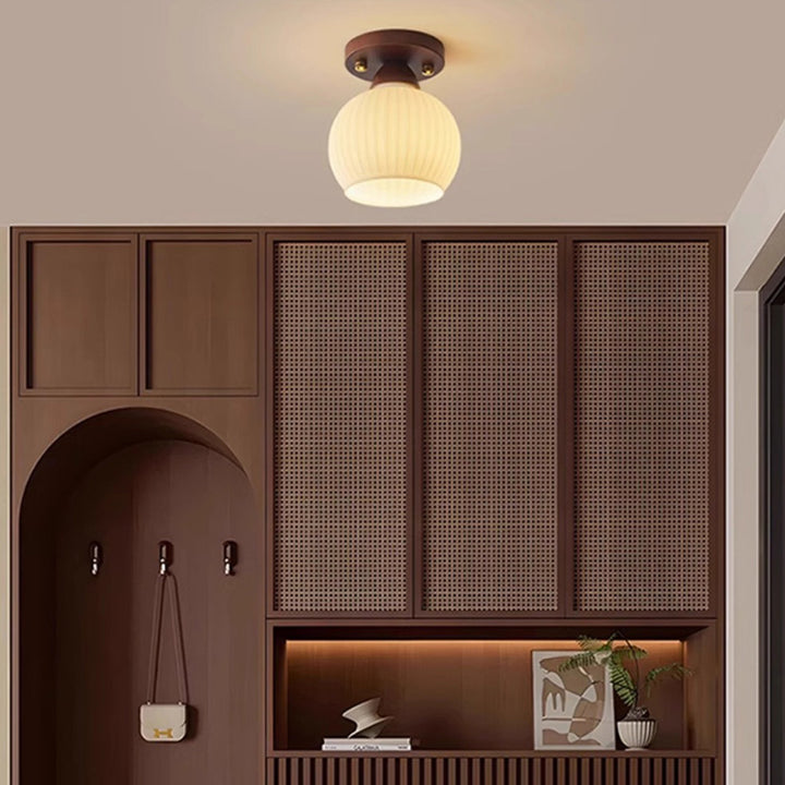 Plafonnier semi-encastré à 1 lumière en bois ovale japonais traditionnel avec verre pour salon 