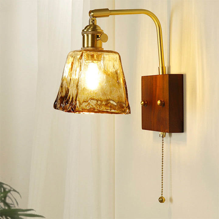 Traditionelle japanische Trapez-Kupfer-Holz-Glas 1-Licht Wandleuchte für Wohnzimmer 