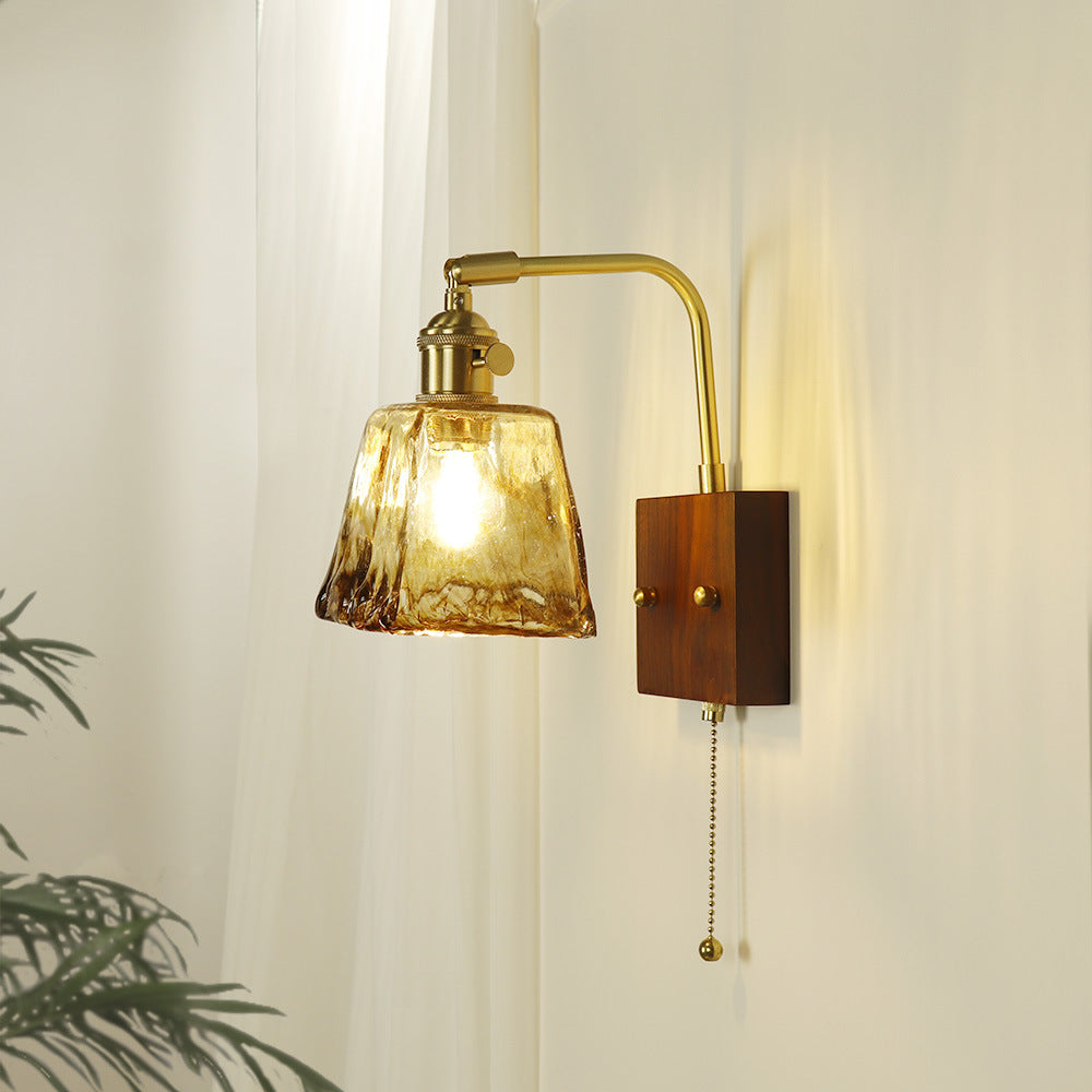 Traditional Japanese Trapezoid Copper Walnut Wood Glass 1-Light Wall Sconce Lamp For Living Room