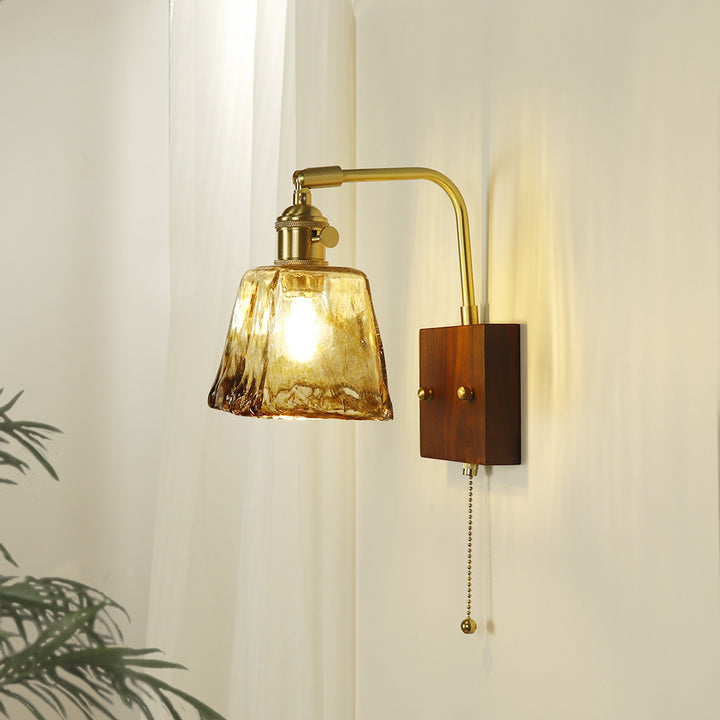 Traditionelle japanische Trapez-Kupfer-Holz-Glas 1-Licht Wandleuchte für Wohnzimmer 