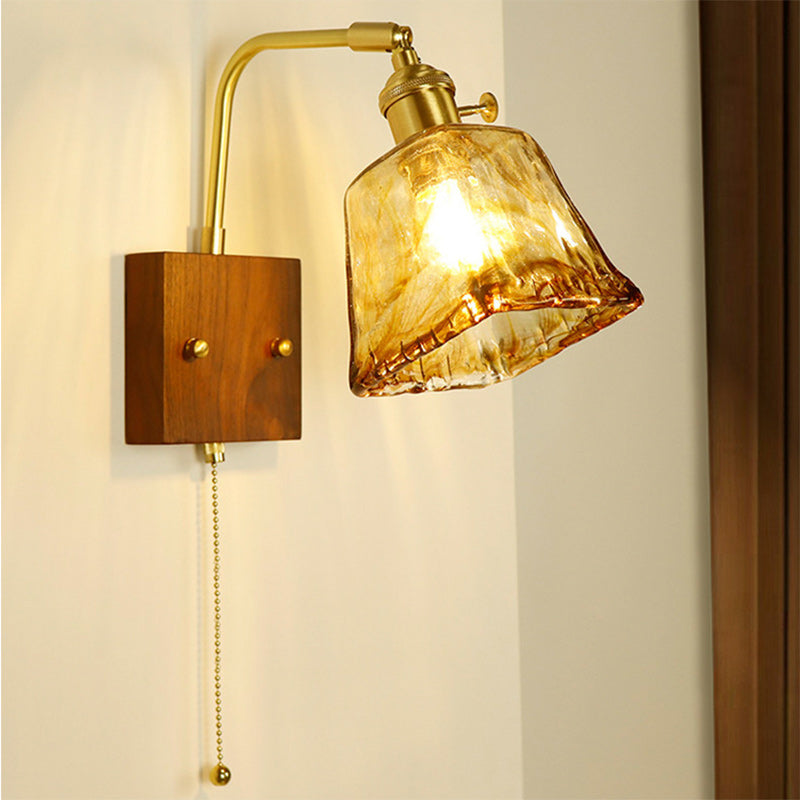 Traditional Japanese Trapezoid Copper Walnut Wood Glass 1-Light Wall Sconce Lamp For Living Room