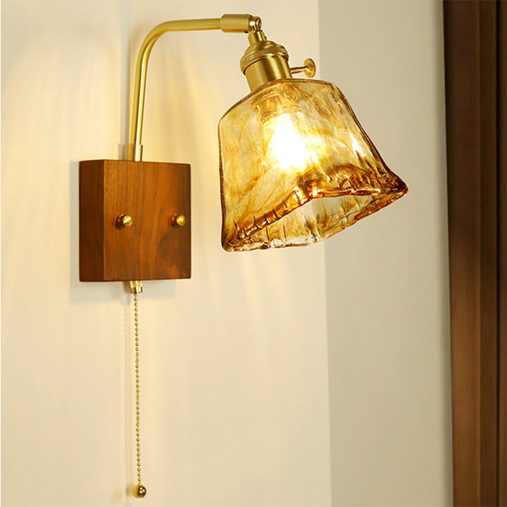 Traditional Japanese Trapezoid Copper Walnut Wood Glass 1-Light Wall Sconce Lamp For Living Room